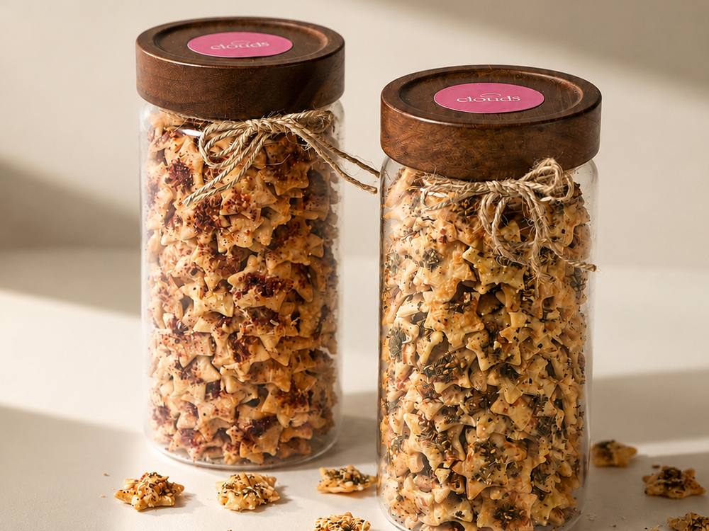 Sumac star crackers in a glass jar